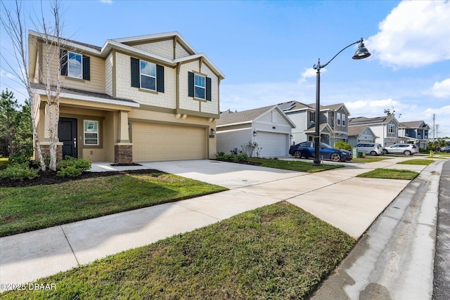 1223 Cabot Cliffs Dr, Daytona Beach, FL 32124 - view of front facade with concrete driveway, a garage, a residential view, and stucco siding