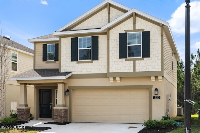 1223 Cabot Cliffs Dr, Daytona Beach, FL 32124 - view of front of home featuring driveway, roof with shingles, stucco siding, a garage, and central air condition unit