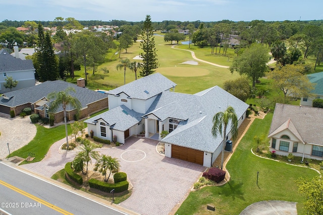 aerial view featuring a residential view and golf course view