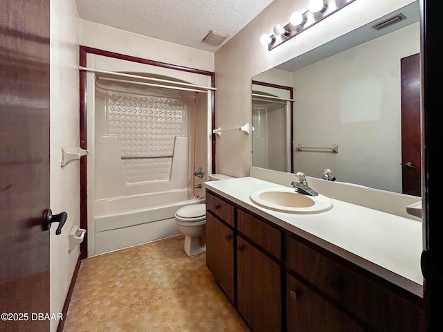 full bath with visible vents, a textured ceiling, toilet, and vanity