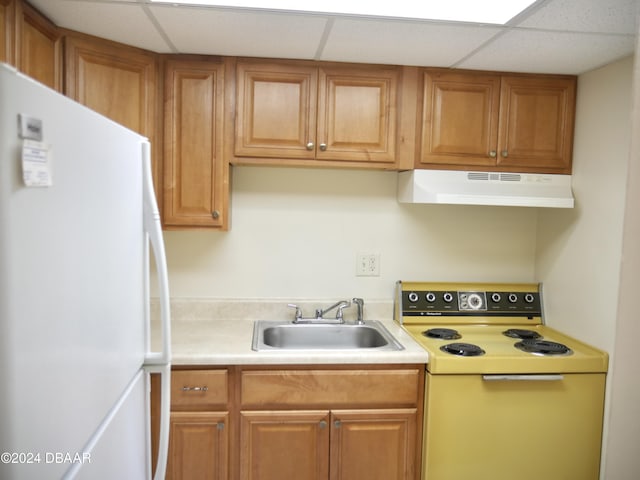 1508 Virginia Ave Unit 103, Daytona Beach, FL 32114 - kitchen featuring freestanding refrigerator, under cabinet range hood, range with electric stovetop, a sink, and a paneled ceiling
