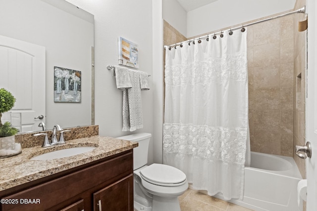 full bathroom featuring tile patterned flooring, vanity, shower / bath combination with curtain, and toilet