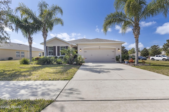 ranch-style house featuring a garage and a front lawn