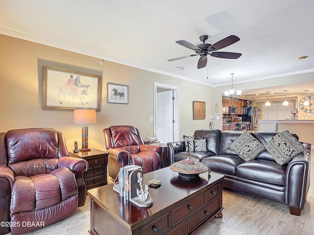 living room with light hardwood / wood-style floors, crown molding, and ceiling fan with notable chandelier