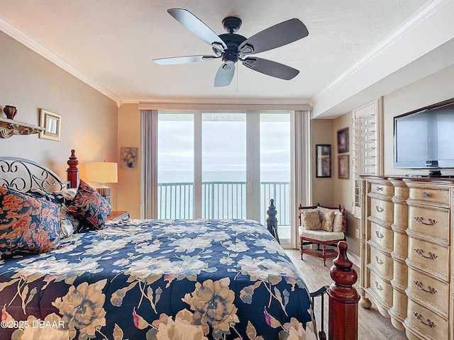 bedroom with ceiling fan, light wood-type flooring, ornamental molding, and access to exterior