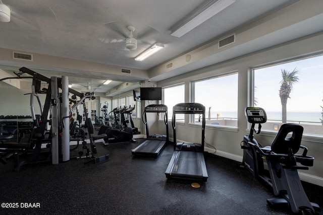 workout area featuring ceiling fan and a healthy amount of sunlight