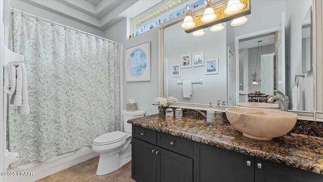 full bath with toilet, vanity, a shower with shower curtain, and tile patterned floors