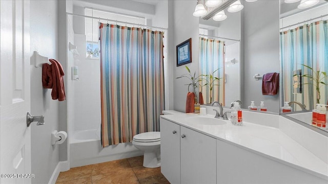 bathroom with toilet, shower / tub combo, tile patterned flooring, and vanity