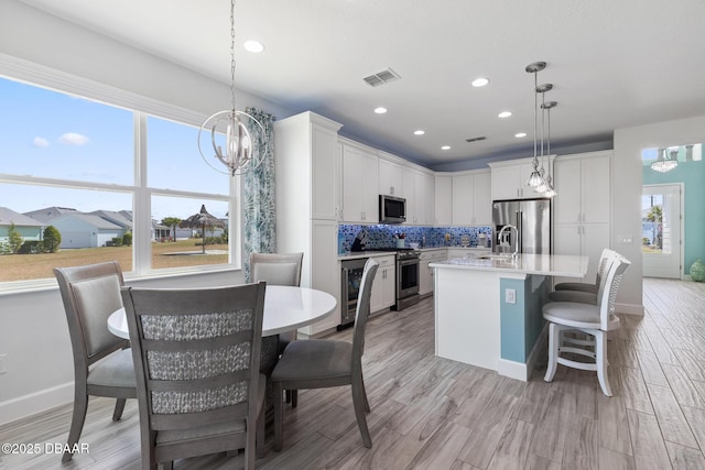 418 Good Life Way, Daytona Beach, FL 32124 - kitchen featuring a center island with sink, appliances with stainless steel finishes, white cabinets, pendant lighting, and backsplash