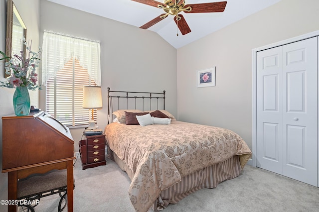 850 Westlake Dr, Ormond Beach, FL 32174 - bedroom featuring light colored carpet, ceiling fan, lofted ceiling, and a closet
