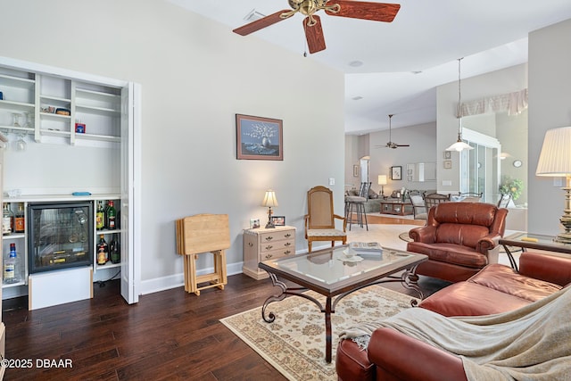 850 Westlake Dr, Ormond Beach, FL 32174 - living room with a ceiling fan, visible vents, baseboards, dark wood-style floors, and wine cooler