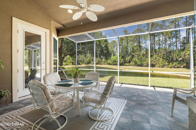 850 Westlake Dr, Ormond Beach, FL 32174 - sunroom / solarium with a water view, ceiling fan, and a healthy amount of sunlight