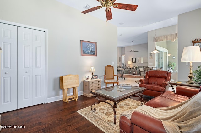 850 Westlake Dr, Ormond Beach, FL 32174 - living area with visible vents, hardwood / wood-style floors, baseboards, ceiling fan, and high vaulted ceiling
