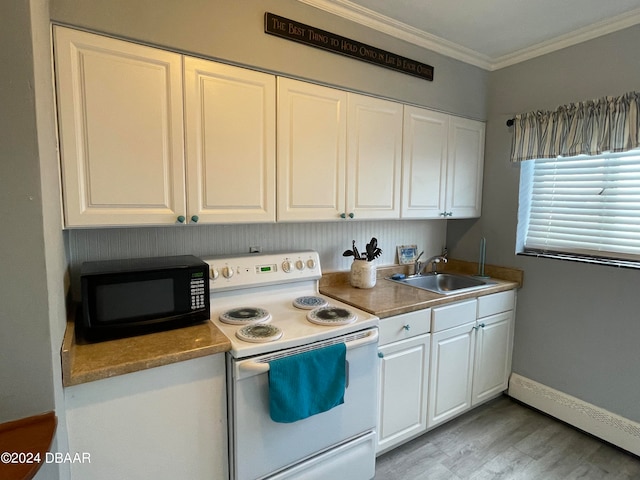 kitchen featuring light hardwood / wood-style floors, sink, ornamental molding, white cabinetry, and white electric stove