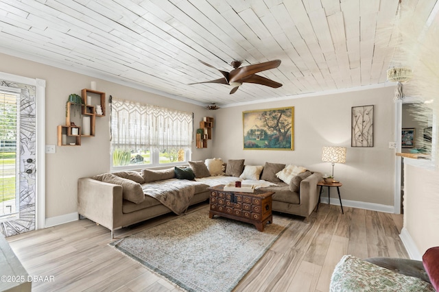 living room featuring light wood-type flooring, wood ceiling, and a healthy amount of sunlight