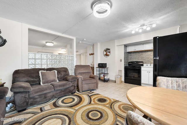 tiled living room with a textured ceiling