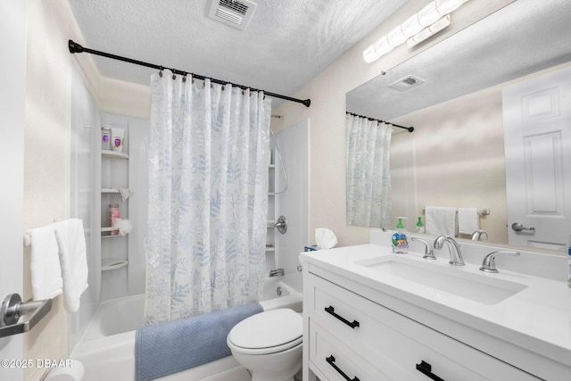 full bathroom featuring vanity, shower / tub combo, a textured ceiling, and toilet