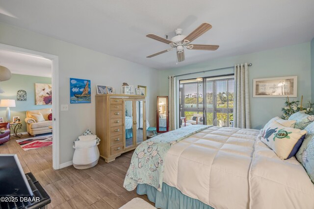 456 Bouchelle Dr Unit 104, New Smyrna Beach, FL 32169 - bedroom featuring access to outside, wood finished floors, baseboards, and ceiling fan