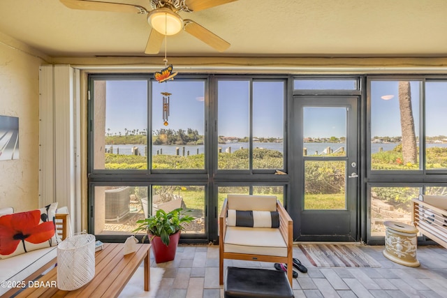456 Bouchelle Dr Unit 104, New Smyrna Beach, FL 32169 - sunroom / solarium with a water view and ceiling fan