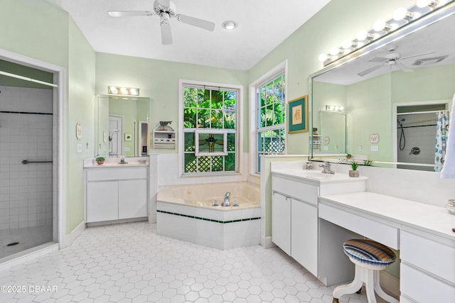 full bath featuring visible vents, a garden tub, a sink, a tile shower, and tile patterned flooring