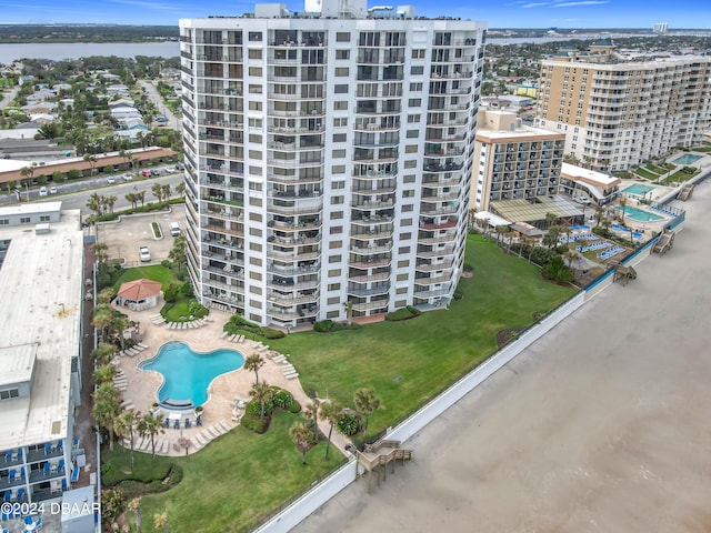 birds eye view of property featuring a water view