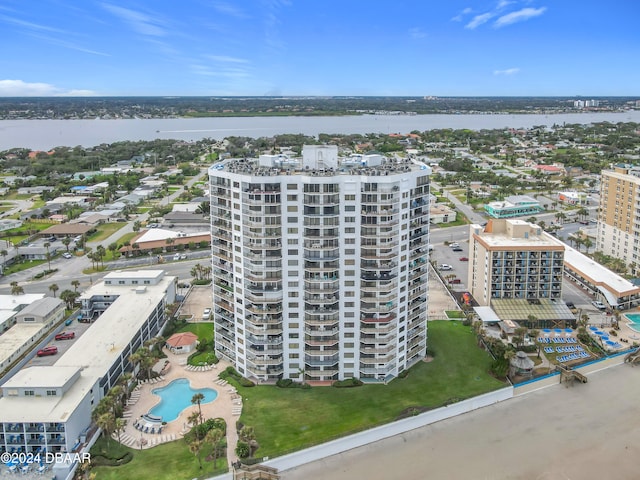 drone / aerial view with a water view