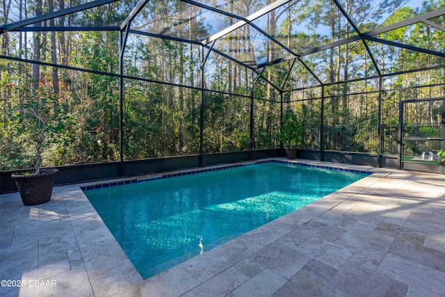 view of swimming pool with a lanai and a patio area