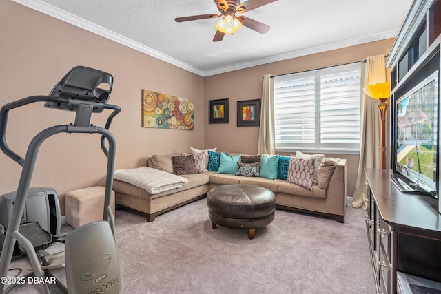 carpeted living room featuring ceiling fan, ornamental molding, a textured ceiling, and a wealth of natural light