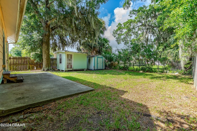 view of yard with a shed and a patio area