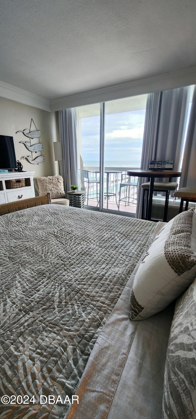 2700 N Atlantic Ave Unit 905, Daytona Beach, FL 32118 - bedroom with access to exterior, ornamental molding, and a textured ceiling
