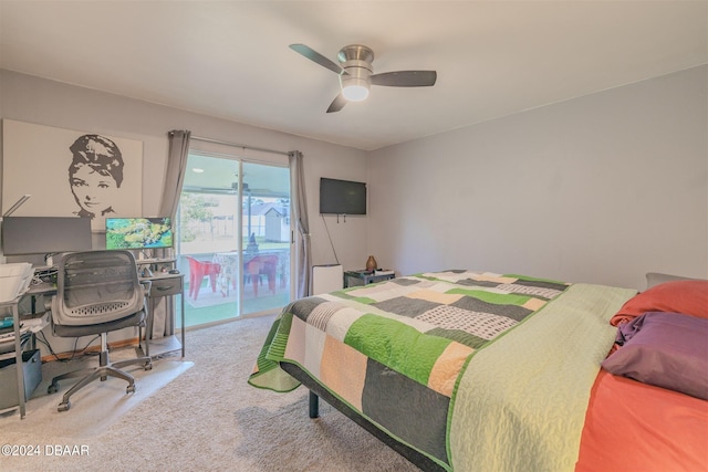 carpeted bedroom with access to exterior and ceiling fan