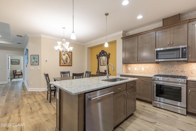 kitchen featuring sink, an inviting chandelier, light wood-type flooring, and appliances with stainless steel finishes