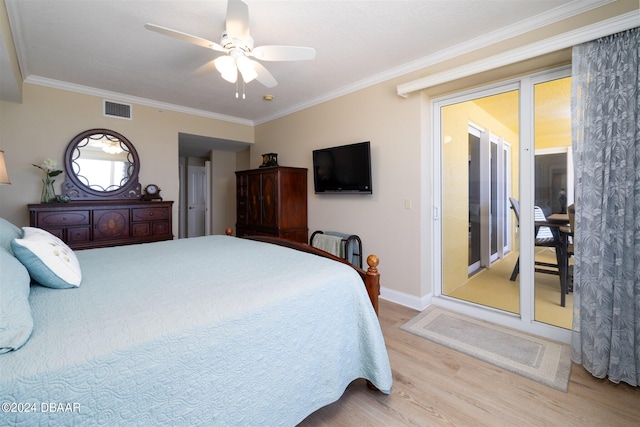 bedroom with ceiling fan, light wood-type flooring, and crown molding