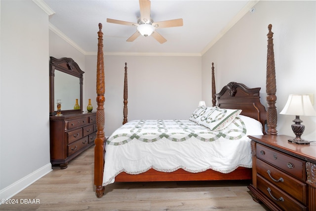 bedroom with crown molding, ceiling fan, and light hardwood / wood-style flooring