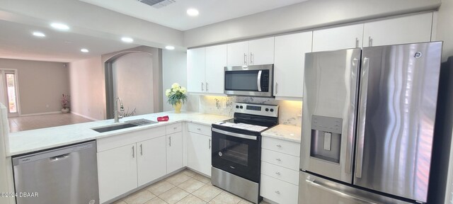 kitchen featuring stainless steel appliances, white cabinetry, sink, kitchen peninsula, and tasteful backsplash