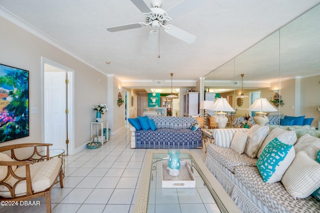 tiled living room featuring ceiling fan and crown molding