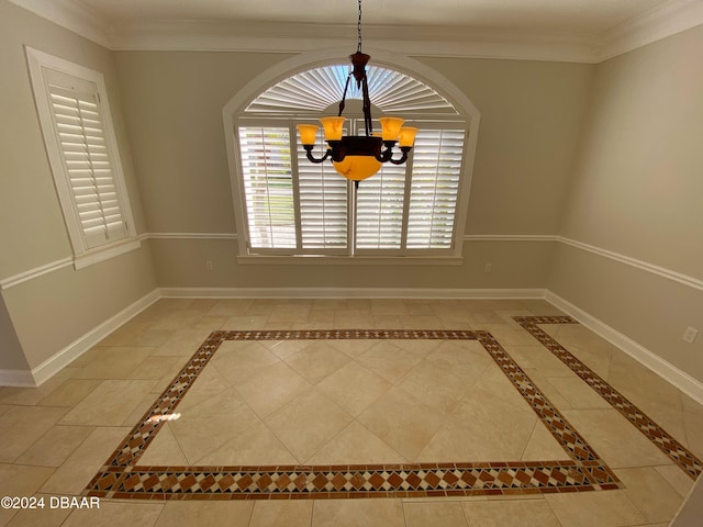 3 Tomoka View Dr, Ormond Beach, FL 32174 - unfurnished dining area featuring inlaid floor details, a chandelier, baseboards, and ornamental molding