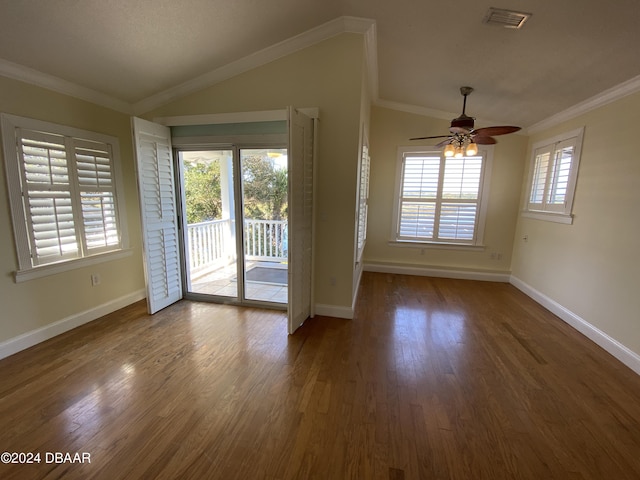 3 Tomoka View Dr, Ormond Beach, FL 32174 - unfurnished room featuring baseboards, wood finished floors, a ceiling fan, lofted ceiling, and crown molding