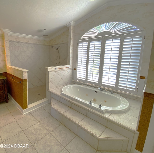 3 Tomoka View Dr, Ormond Beach, FL 32174 - full bath featuring walk in shower, tile patterned floors, a whirlpool tub, ornamental molding, and vaulted ceiling