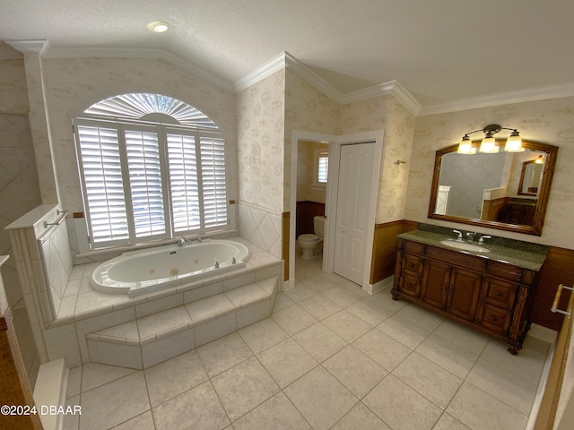 3 Tomoka View Dr, Ormond Beach, FL 32174 - full bathroom featuring ornamental molding, lofted ceiling, a whirlpool tub, tile patterned flooring, and vanity