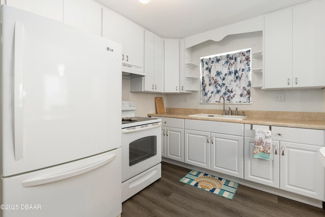 kitchen with white cabinetry, sink, white appliances, and dark wood-type flooring