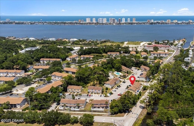 drone / aerial view featuring a water view