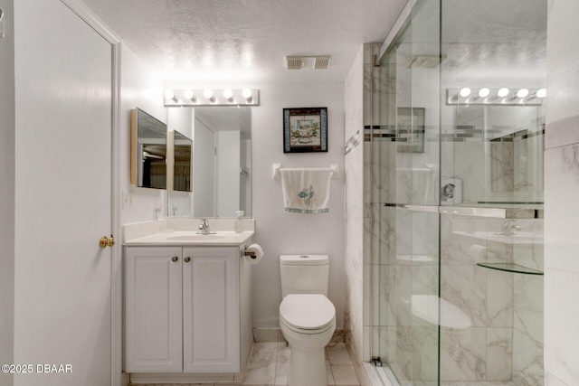 full bathroom featuring visible vents, vanity, marble finish floor, toilet, and a marble finish shower