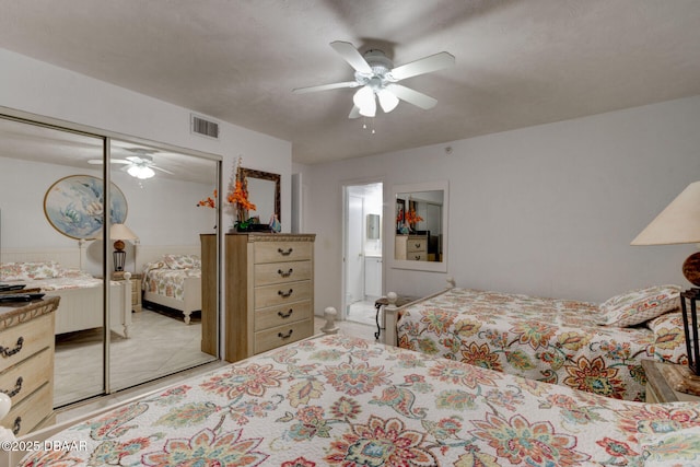 bedroom with a ceiling fan, visible vents, and a closet