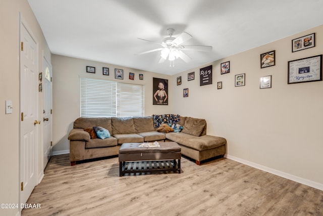 living room with ceiling fan and light hardwood / wood-style floors