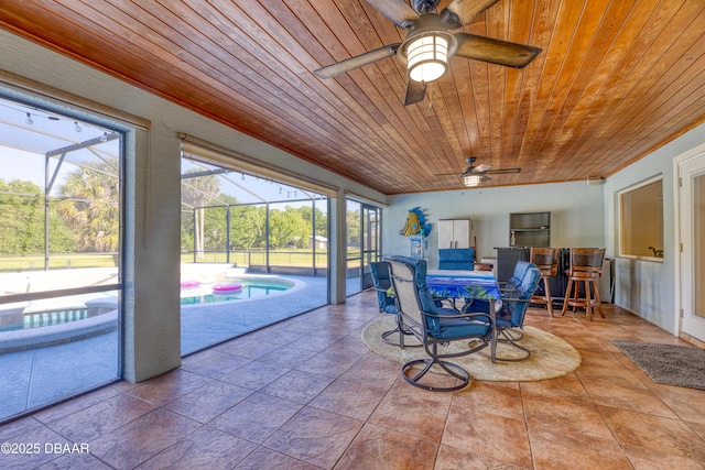 interior space with ceiling fan and wooden ceiling