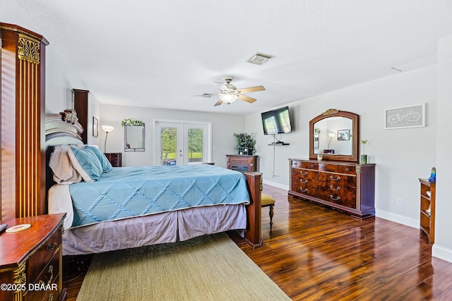 bedroom featuring access to exterior, french doors, dark hardwood / wood-style flooring, and ceiling fan