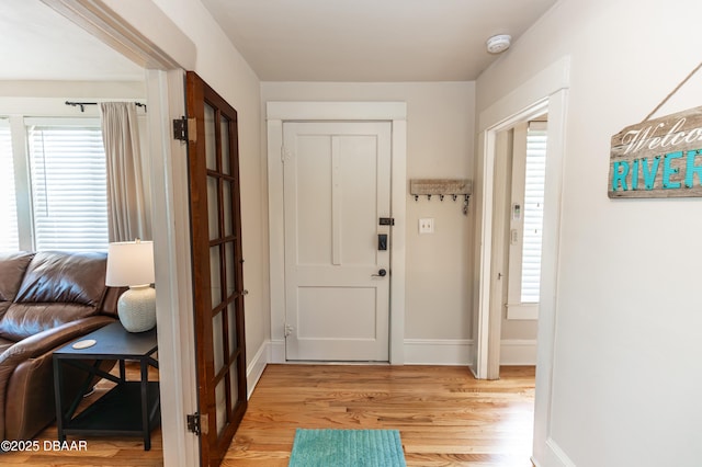 entrance foyer with light wood finished floors, a wealth of natural light, and baseboards