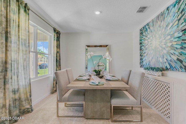 carpeted dining room featuring a textured ceiling