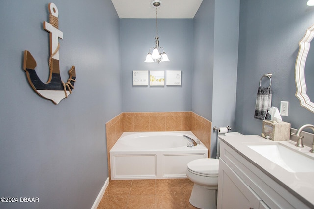 full bath featuring a garden tub, toilet, vanity, a chandelier, and tile patterned flooring